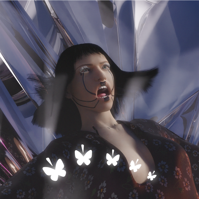 Zoom sur le visage de la Geisha en pleine chute dans un miroir, réalisation 3d