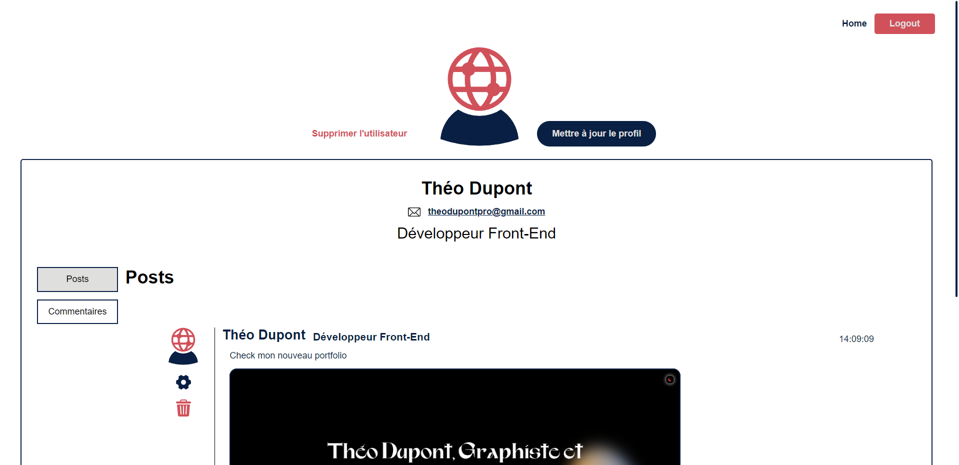 Page d'un profil utilisateur de groupomania